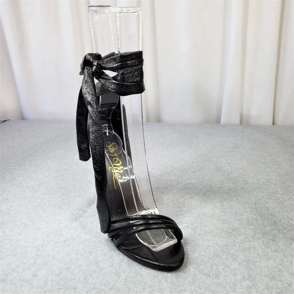 * So Me Black Metallic Tie Up Strappy High Heel Shoes